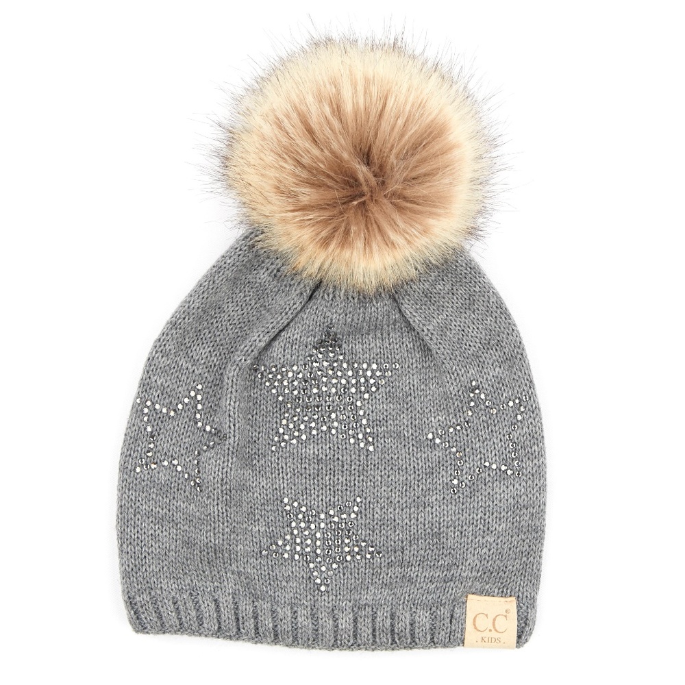C.C Kids Star Rhinestone Beanie W. Faux Fur Pom
